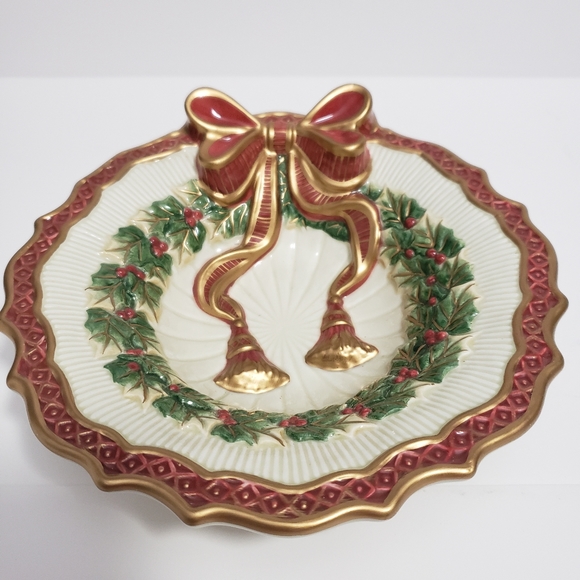 Fitz and Floyd Essentials Candy Bowl Holiday Wreath 9" Gold Trim In Original Box - Picture 8 of 8